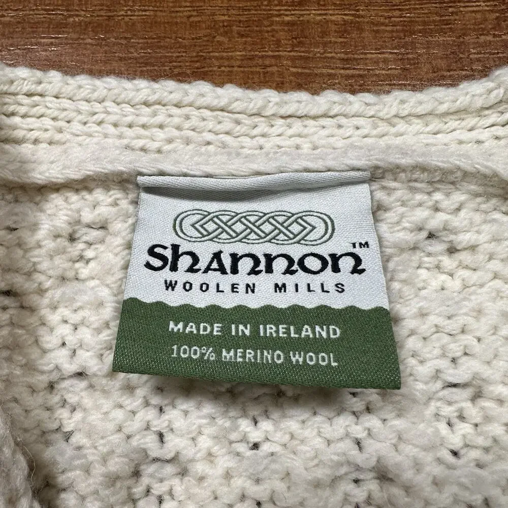 Shannon Woolen Mills Cable Knit Sweater Mens XL Ivory Merino Wool V Neck Ireland